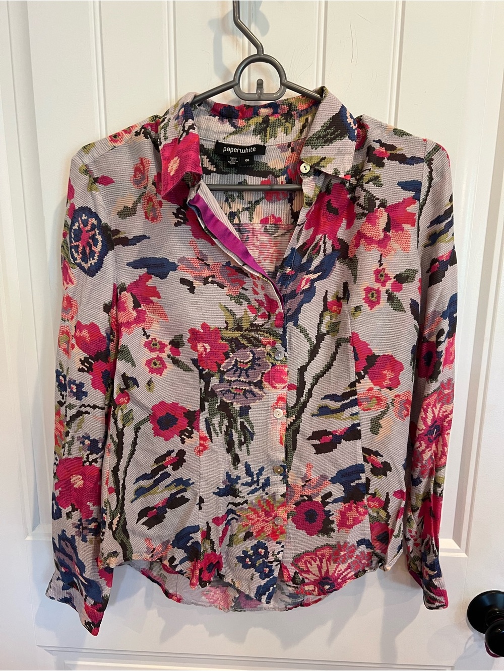 Paperwhite Silk Blend Floral Button Front Blouse Size 6